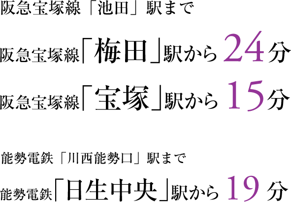 阪急宝塚線「池田」駅まで　阪急宝塚線「梅田」駅から24分 ／ 阪急宝塚線「宝塚」駅から15分、「能勢電鉄「川西能勢口」駅まで　能勢電鉄「日生中央」駅から19分