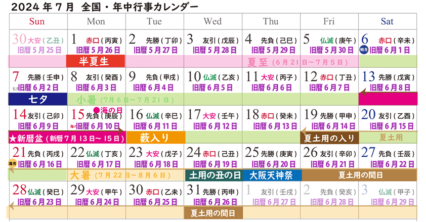 2024年7月の年中行事カレンダー