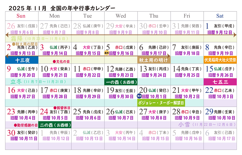 2025年11月の年中行事カレンダーとは
