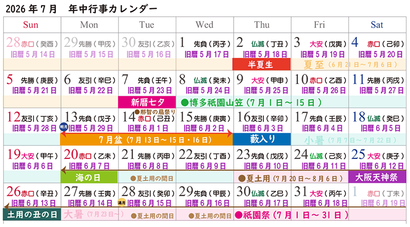 2026年7月の年中行事カレンダー