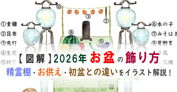 【図解】2026年お盆の飾り方｜精霊棚・お供え・初盆との違いをイラストで解説