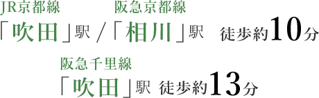 JR京都線「吹田」駅／阪急京都線「相川」駅徒歩約10分 阪急千里線「吹田」駅徒歩約13分